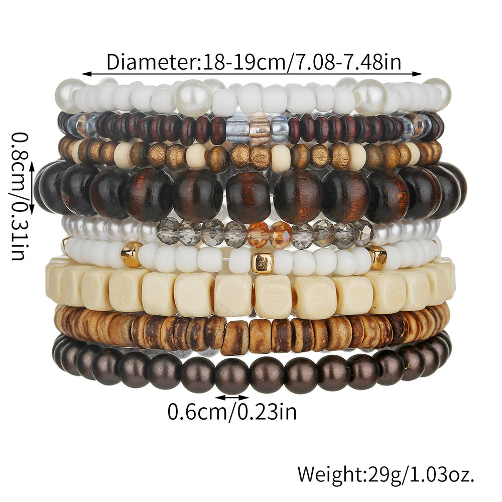 Cross-border bohemian imitation pearl crystal wooden bead beaded bracelet accessories multi-layer stacked elastic men's bracelet