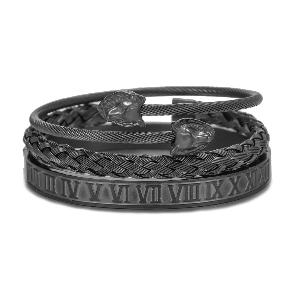 Stainless Steel Wolf Head Roman Numeral Woven Bracelet Bracelet Set Men's Vacuum Plated Titanium Steel Bracelet