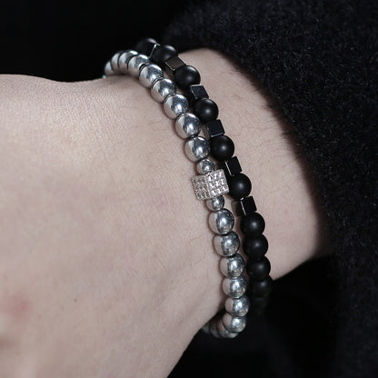 Cross-border new 8mm black matte black gallstone bracelet set copper micro-inlaid zircon square elastic bracelet bracelet men