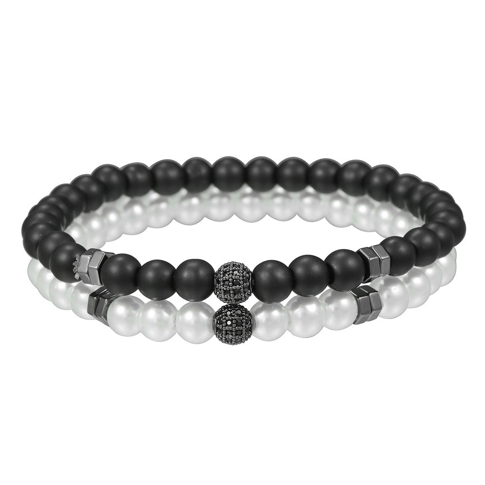 European and American hip hop Internet celebrity style 6mm black matte pearl bead bracelet set micro-inlaid zircon diamond ball elastic bracelet