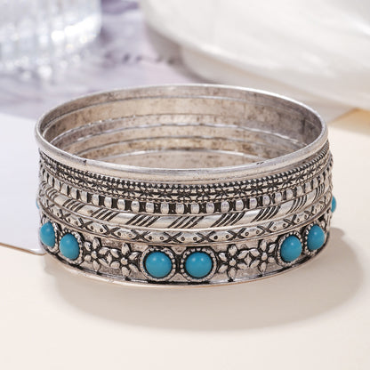 European and American retro ethnic style vacation exaggerated metal bracelet bracelet bracelet set Bohemian style synthetic turquoise bracelet