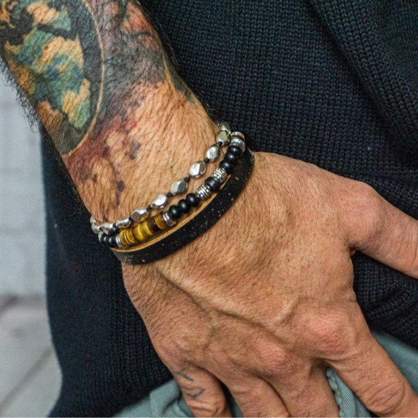 New beaded adjustable yellow tiger eye black agate map stone bracelet combination hip hop men's leather bracelet bracelet