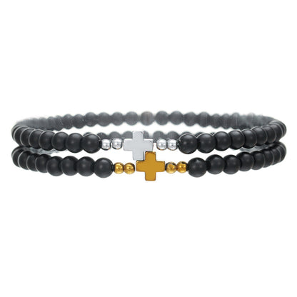 European and American new versatile handmade beaded bracelet set couple beach wind geometric hip-hop black gallstone elastic jewelry