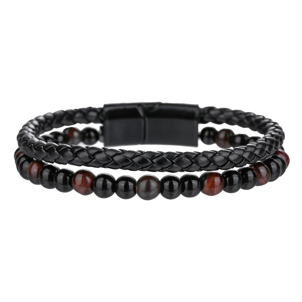 Cross-border new hip-hop punk beaded men's bracelet set stacked with black agate tiger's eye leather magnetic buckle bracelet