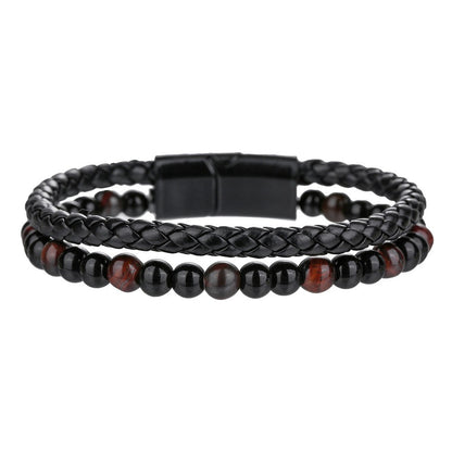 Cross-border new hip-hop punk beaded men's bracelet set stacked with black agate tiger's eye leather magnetic buckle bracelet