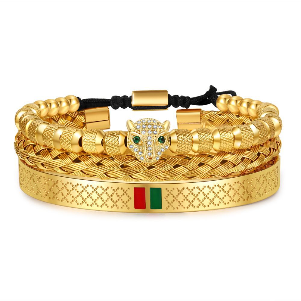 Hip Hop Men's Copper Inlaid Zircon Leopard Head Stainless Steel Bracelet Bracelet Combination Set Non-Fading Internet celebrity jewelry