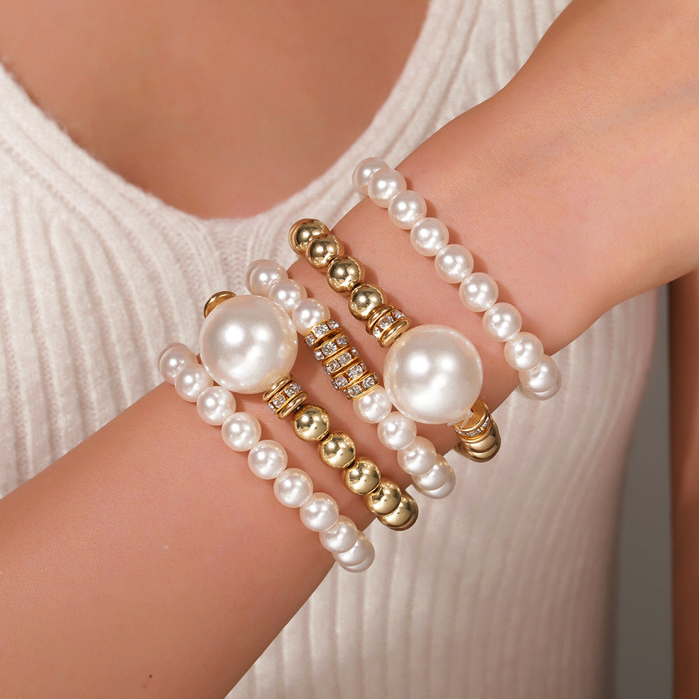 Cross-border new exaggerated imitation pearl bracelet women's multi-layer stacked diamond-encrusted creative jewelry hip-hop nightclub queen bracelet