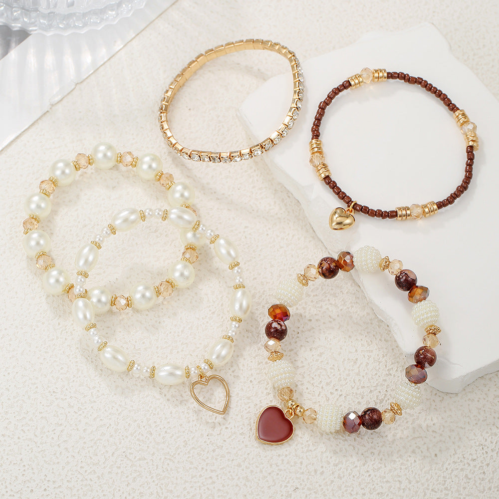 Cross-border European and American multi-piece bracelet handmade beaded pearl rhinestone bracelet female bohemian fashion love bracelet