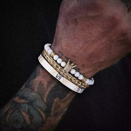 Zircon Skull Leopard Head Crown Bracelet Stainless Steel Men's White Oil Drip Roman Numeral Bracelet Set