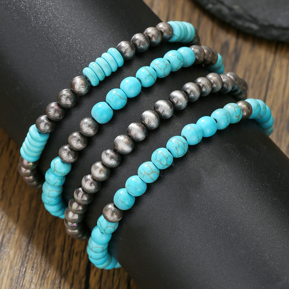 European and American retro brushed tin ccb round bead bracelet Amazon Navajo western handmade beaded turquoise bracelet women
