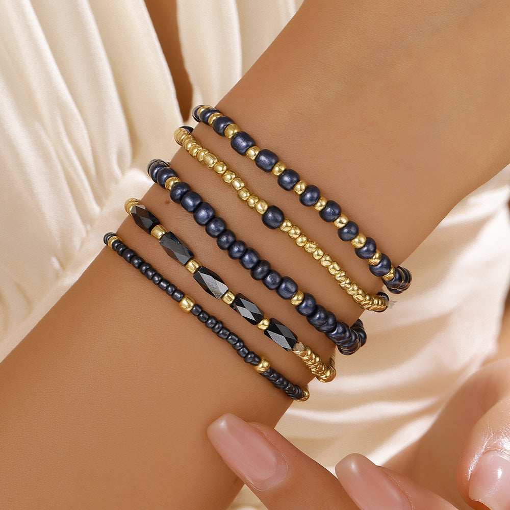 Bohemian vacation style crystal = beaded bracelet set ins niche design sense girlfriend friendship rice bead bracelet
