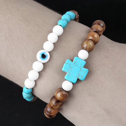 Europe and the United States cross-border couple jewelry men's fashion trend turquoise cross bracelet wood bead porcelain jade beaded bracelet men