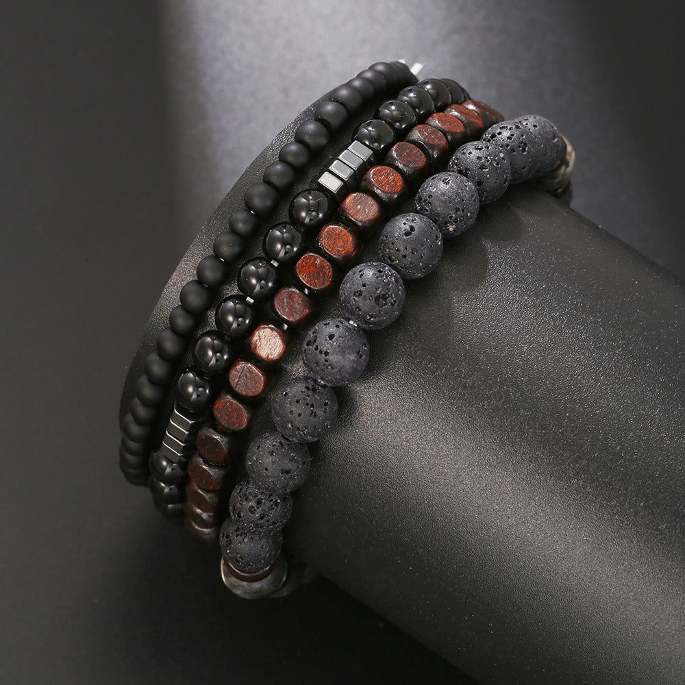 Volcano stone black matte black gallstone wood bead bracelet set combination hip hop European and American Internet celebrity wind elastic bracelet bracelet