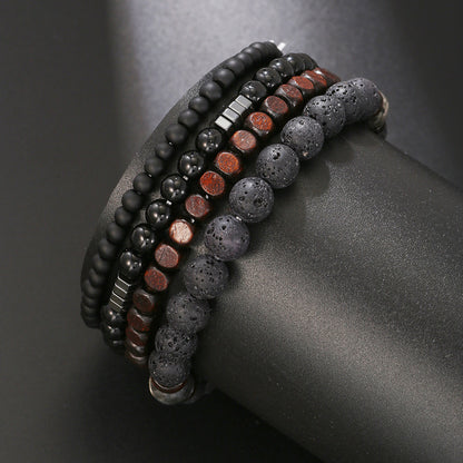 Volcano stone black matte black gallstone wood bead bracelet set combination hip hop European and American Internet celebrity wind elastic bracelet bracelet