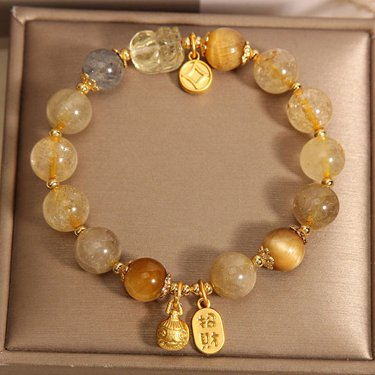 Natural golden crystal moonstone bracelet, female gold swallowing beast yellow tiger eye stone yellow hair crystal bracelet for girlfriend and girlfriend.