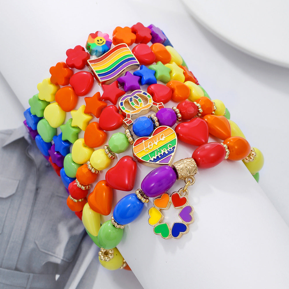 Candy Color Beaded Elastic Bracelet Women's Bohemi Holiday Wind Rainbow Multi-layer Stacked Belt Love Bracelet Set
