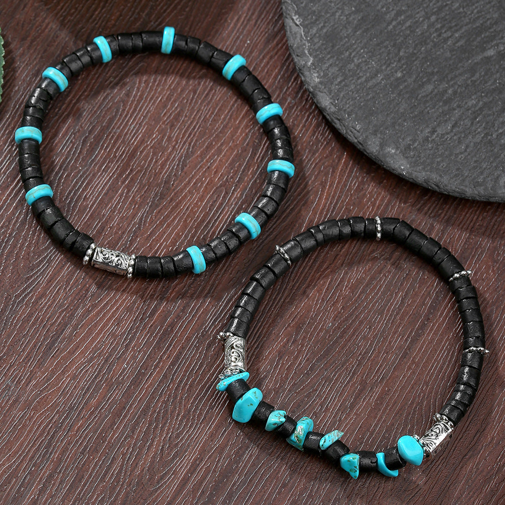 Natural stone and wood bead bracelet men's black matte beaded adjustable chain bracelet multi-layer stacked men's bracelet combination