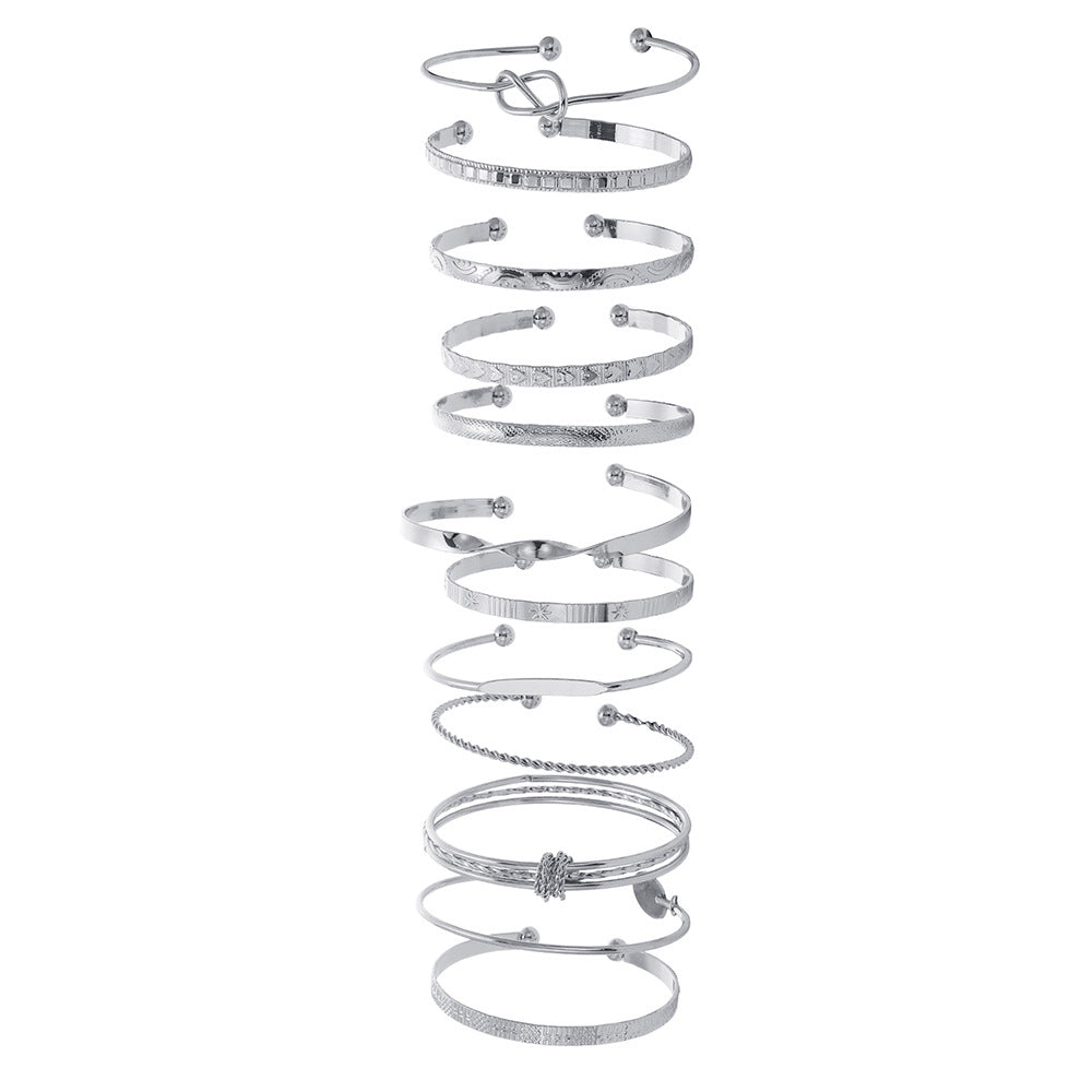 Cross-border European and American hot-selling retro multi-layer rhombus pattern bracelet female exaggerated metal twist twist bracelet 12-piece set