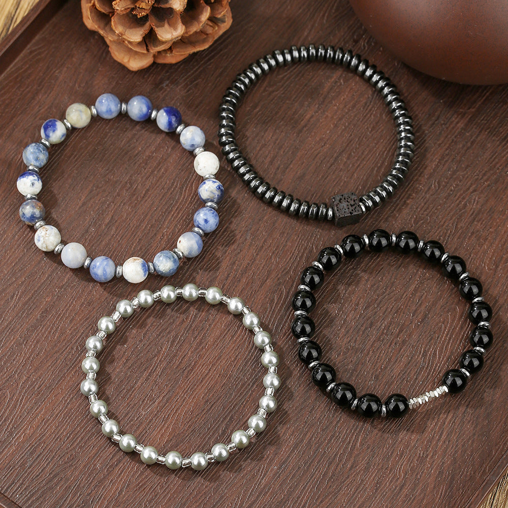 Cross-border retro men's bracelets, European and American fashion trends, stacked beaded bracelets, black agate, black gallstone pearl bracelets.