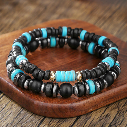 European and American cross-border men's black magic sand turquoise beaded bracelet trendy hip-hop niche high-end summer wooden bead bracelet