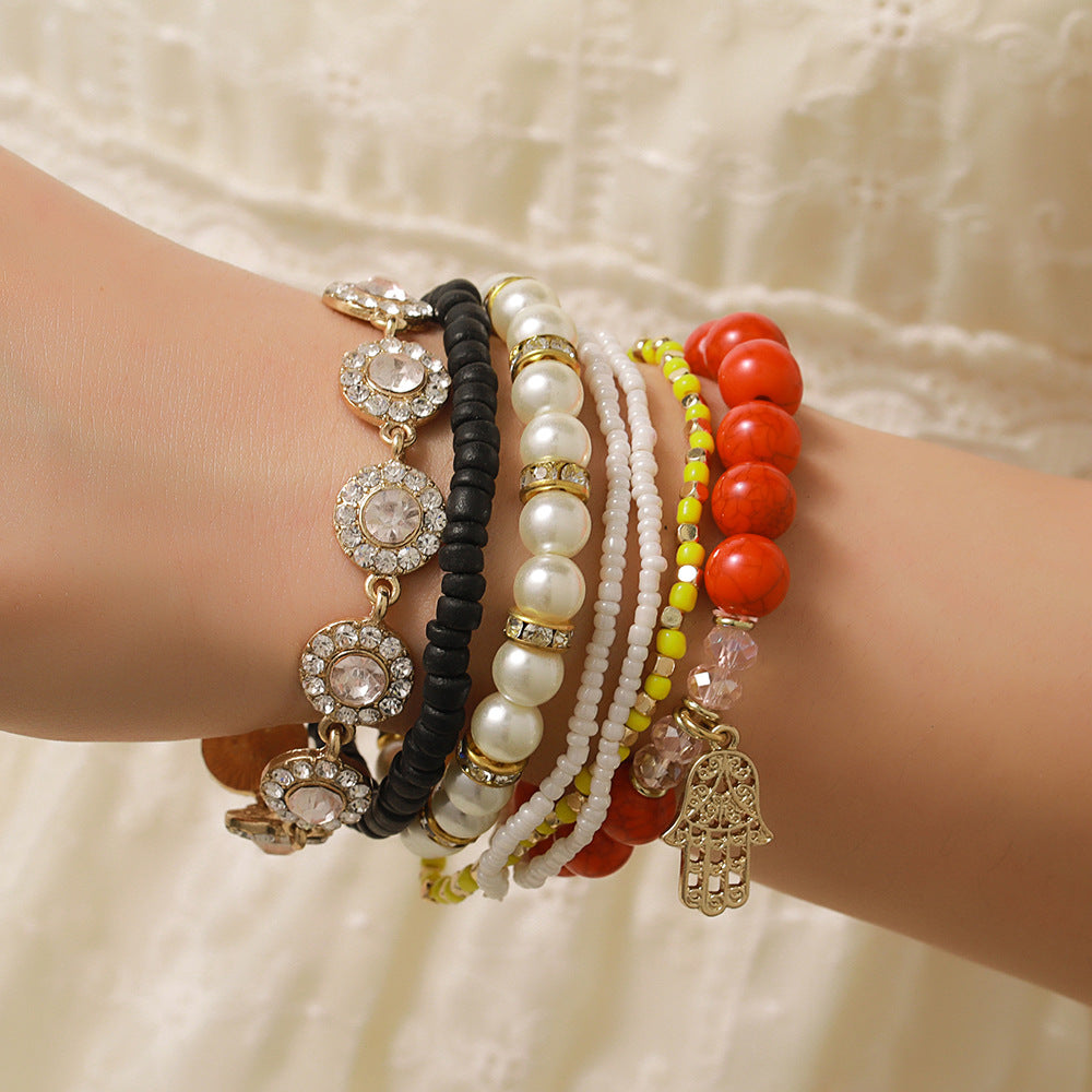 European and American turquoise bracelet Fatima palm diamond beaded wood bead bracelet Bohemian multi-layer pearl bracelet women
