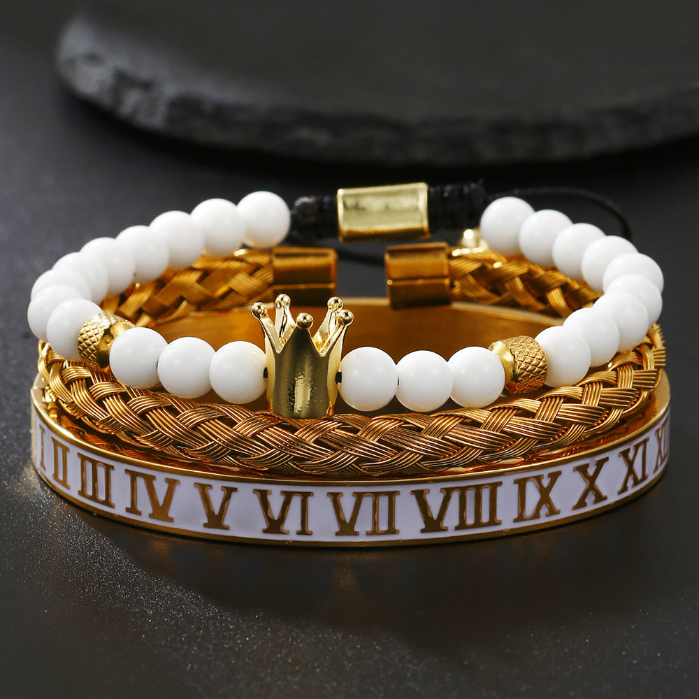 Zircon Skull Leopard Head Crown Bracelet Stainless Steel Men's White Oil Drip Roman Numeral Bracelet Set