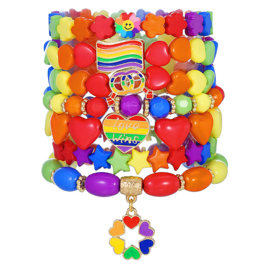 Candy Color Beaded Elastic Bracelet Women's Bohemi Holiday Wind Rainbow Multi-layer Stacked Belt Love Bracelet Set