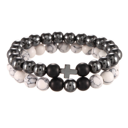 wish White Pine Black Matte Black Iron Stone Bracelet Cross Elastic Two-Piece Bracelet Bracelet for Men