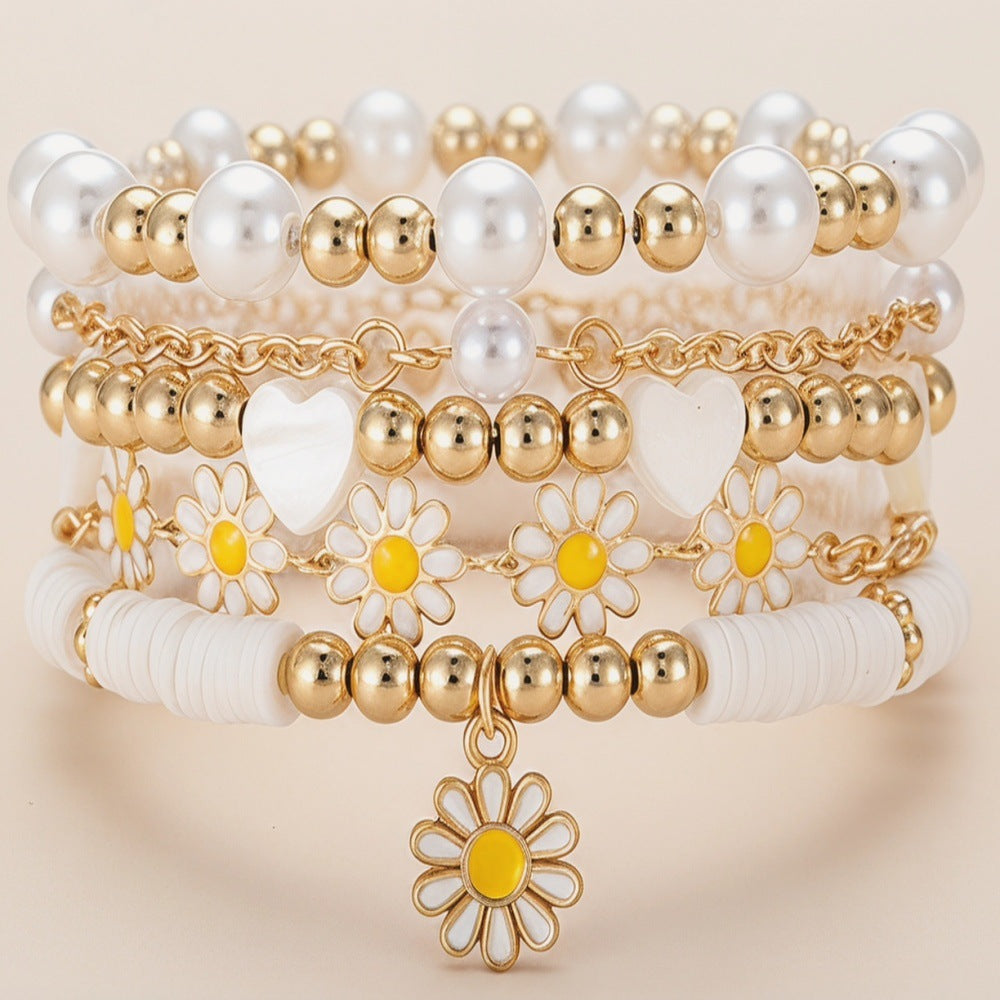Summer new sweet and refreshing daisy bracelet women's simple flower pearl bracelet set cross-border jewelry wholesale