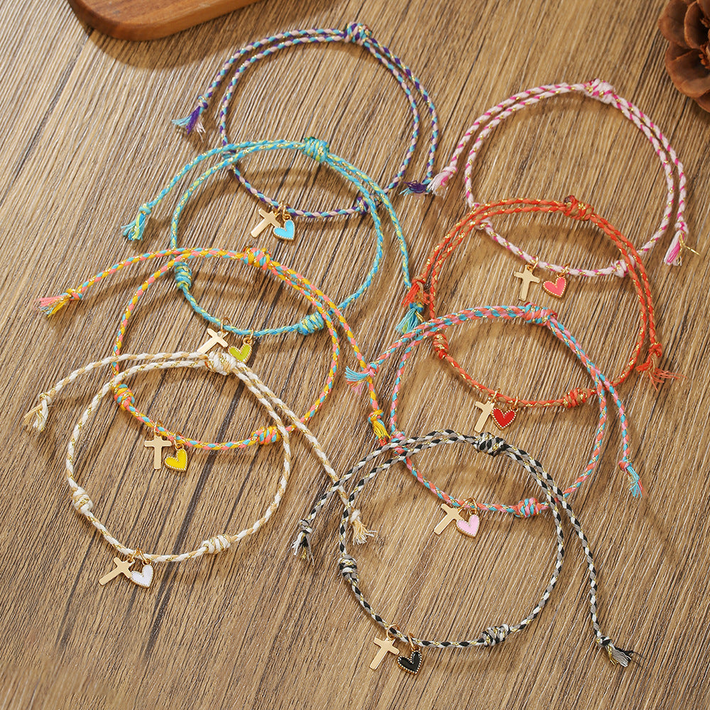 INS Rainbow Braided Love Stacked Hand Rope Couple Gold Cross Dripping Oil Peach Heart Pendant Friendship Bracelet Women