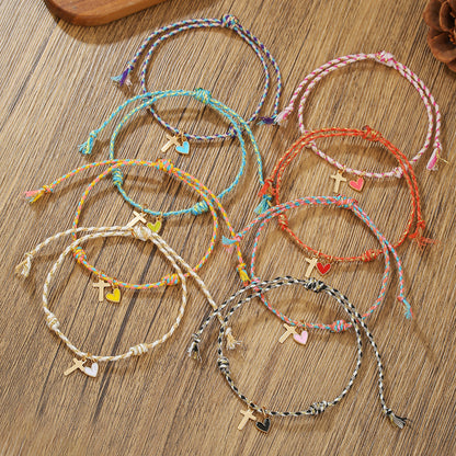 INS Rainbow Braided Love Stacked Hand Rope Couple Gold Cross Dripping Oil Peach Heart Pendant Friendship Bracelet Women