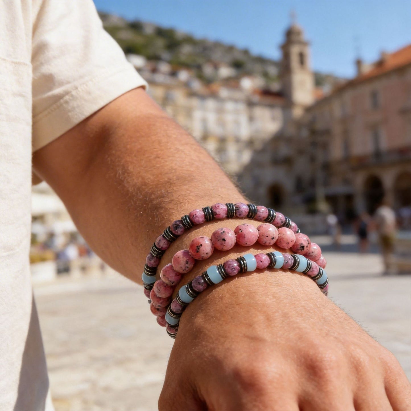 Cross-border new men's stacked beaded bracelets fashionable versatile powder zebra black gallstone natural stone elastic bracelet men