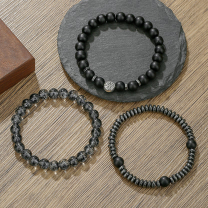 Cross-border new bohemian black gallstone matte bead bracelet set retro multi-layer stacked tree of life bracelet