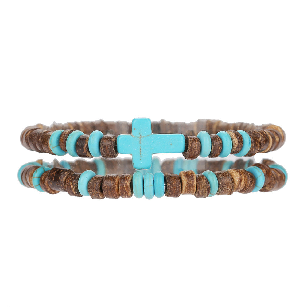 Cross-border hot-selling turquoise cross bracelet female bohemian multi-layer stacked wooden bead coconut shell bracelet couple bracelet