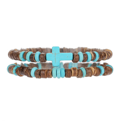 Cross-border hot-selling turquoise cross bracelet female bohemian multi-layer stacked wooden bead coconut shell bracelet couple bracelet