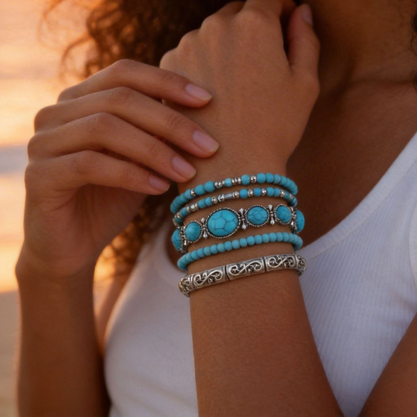 Cross-border hot-selling ethnic style imitation turquoise bracelet, European and American personalized commuting stacking and wearing jewelry combination vacation bracelet