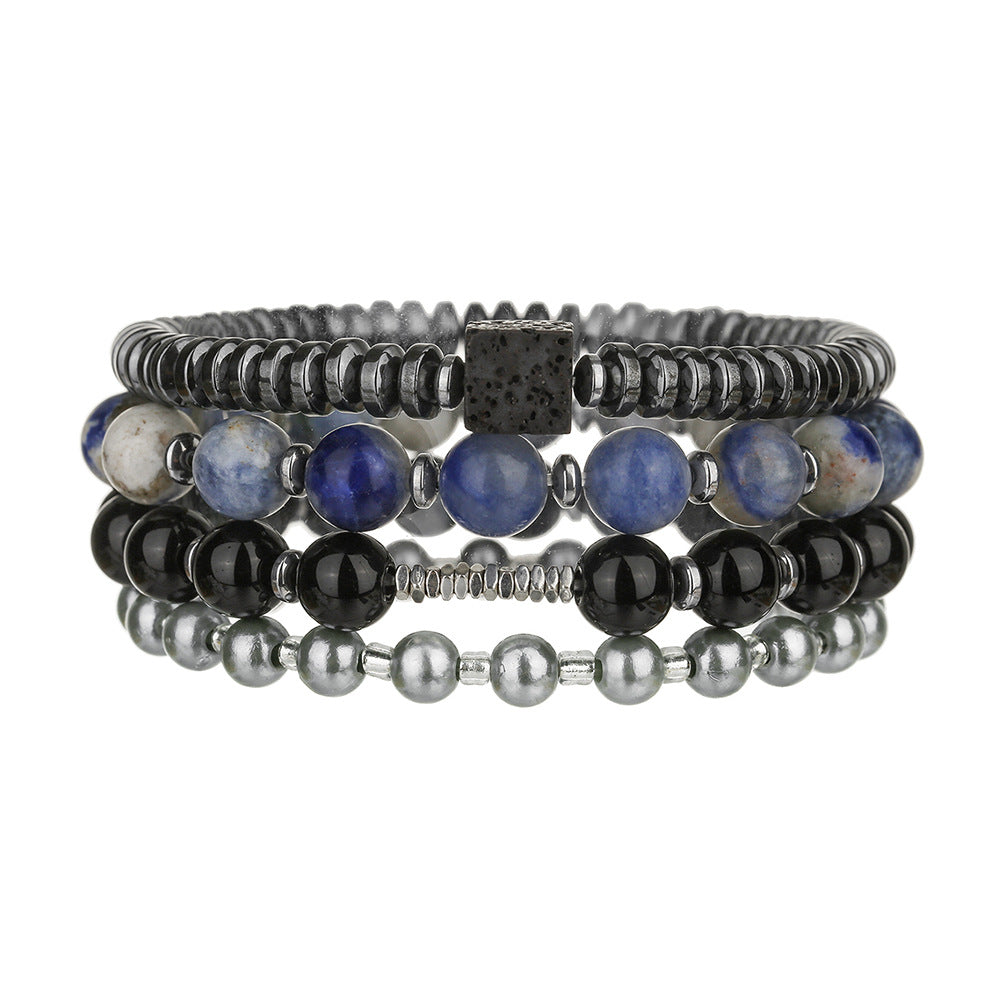Cross-border retro men's bracelets, European and American fashion trends, stacked beaded bracelets, black agate, black gallstone pearl bracelets.