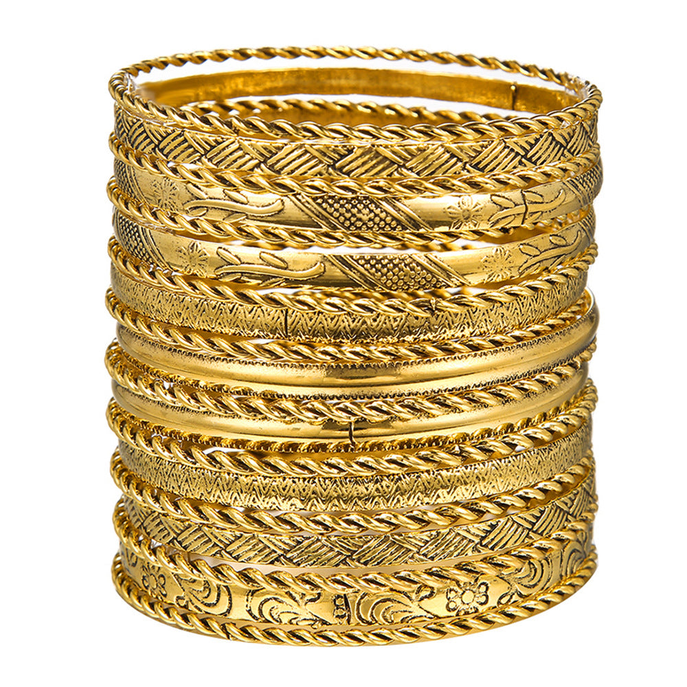 Cross-border hot-selling ethnic style metal bracelets for women, vintage stacked gold hammered pattern bracelet set of nineteen