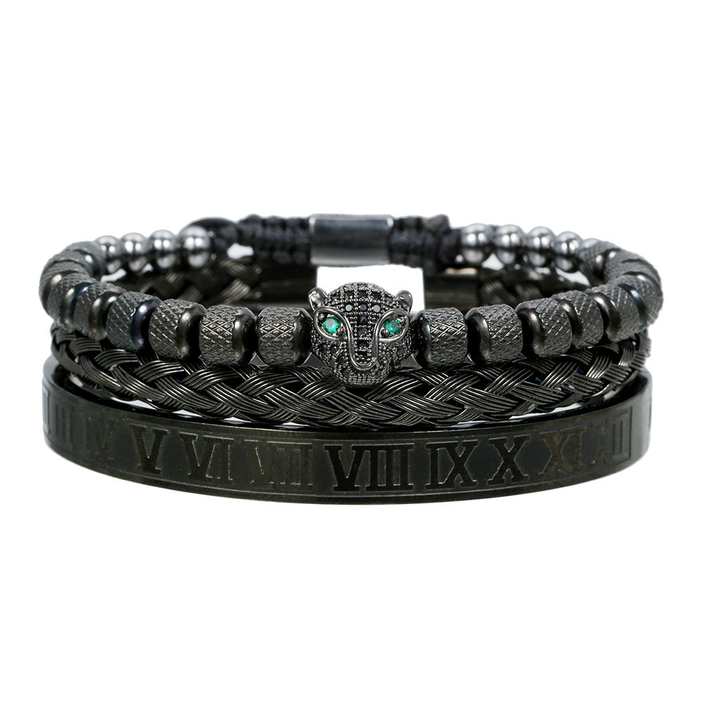 European and American retro versatile zircon leopard head woven bracelet Roman letter woven stainless steel mesh bracelet set