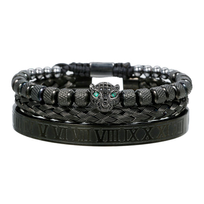 European and American retro versatile zircon leopard head woven bracelet Roman letter woven stainless steel mesh bracelet set