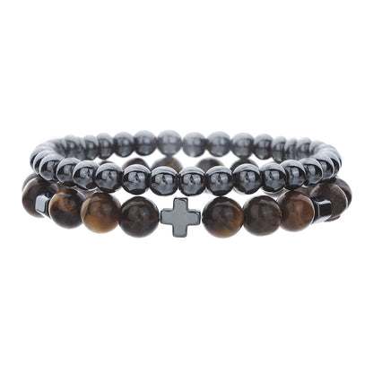 Cross-border fashion volcanic stone tiger's eye stone black gallstone bracelet men's trendy men's simple fashion cross beaded bracelet