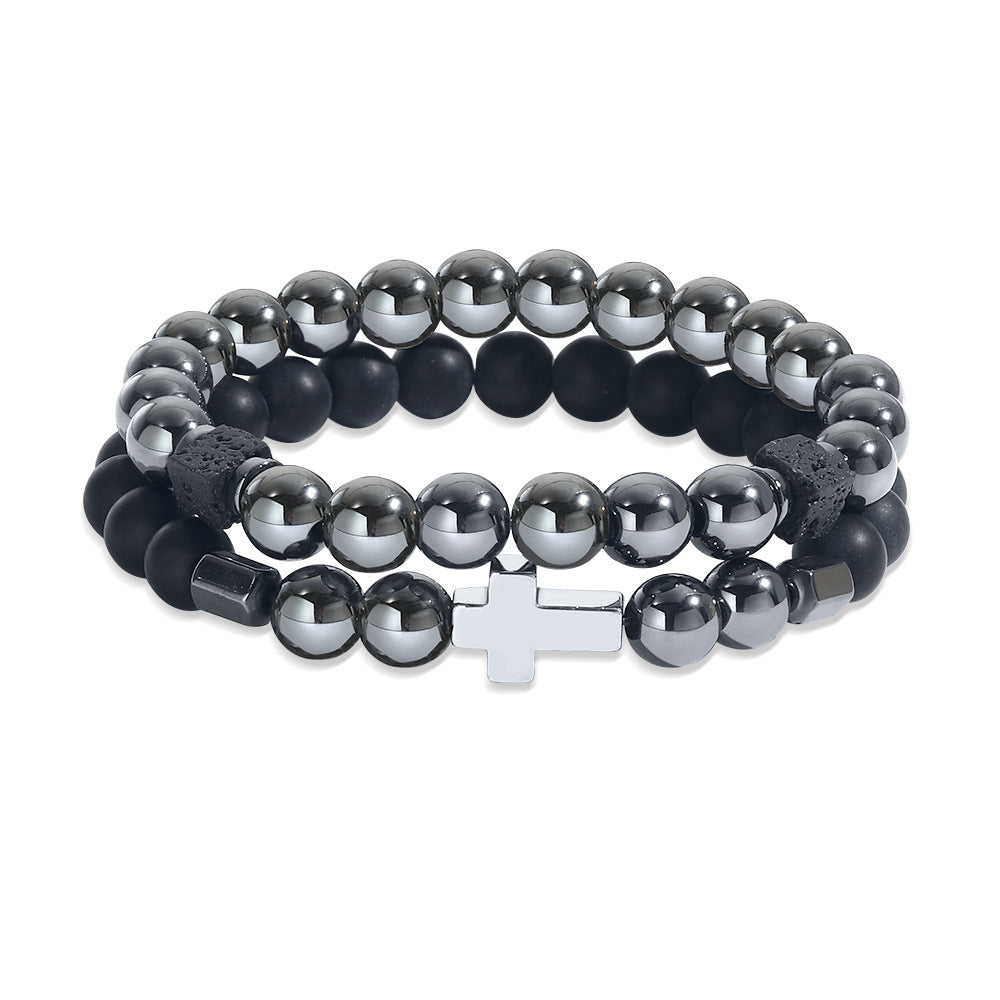 Cross-border new men's beaded bracelet set, black matte black gallstone cross bracelet elastic bracelet combination