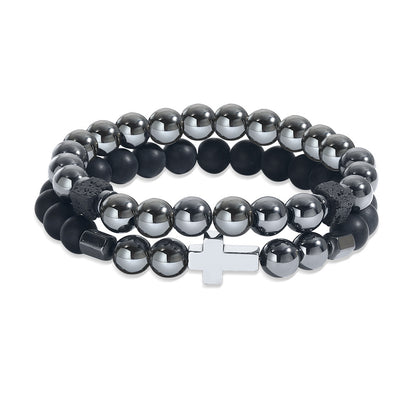 Cross-border new men's beaded bracelet set, black matte black gallstone cross bracelet elastic bracelet combination