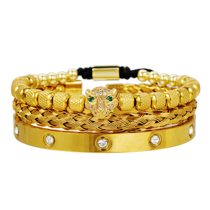 European and American retro zircon leopard head woven bracelet Roman letter woven stainless steel mesh bracelet set men