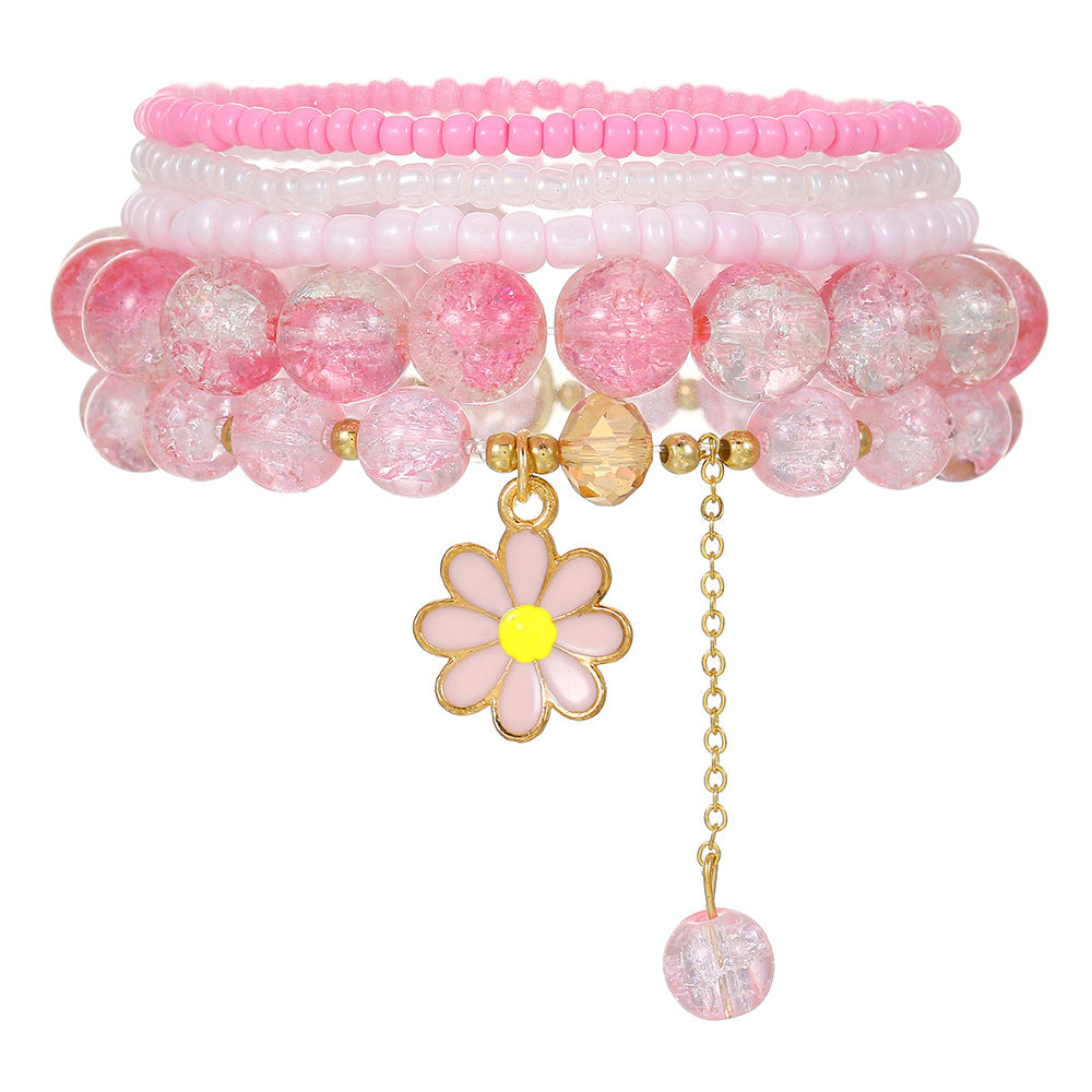 Cross-border foreign trade hot-selling sweet girlfriends jewelry rice beads crystal small daisies fringed elastic bracelet set