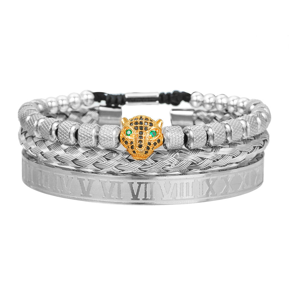 European and American retro versatile zircon leopard head woven bracelet Roman letter woven stainless steel mesh bracelet set