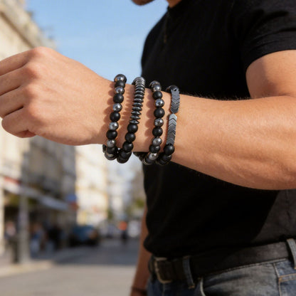 Cross-border new men's beaded bracelet set, black gallstone elastic bracelet, European and American style black combination bracelet wholesale.