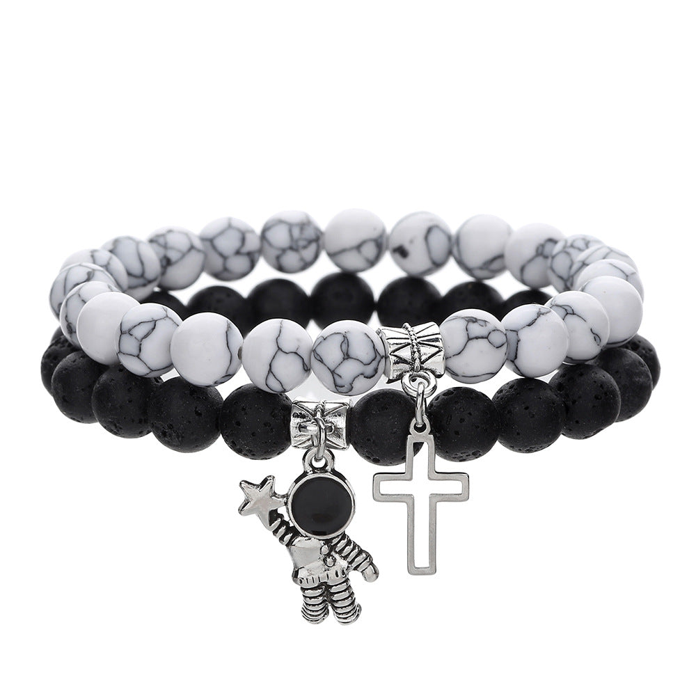 8Mm white pine volcanic stone couple bracelet set, cross-border hot-selling cross astronaut pendant elastic bracelet