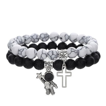 8Mm white pine volcanic stone couple bracelet set, cross-border hot-selling cross astronaut pendant elastic bracelet