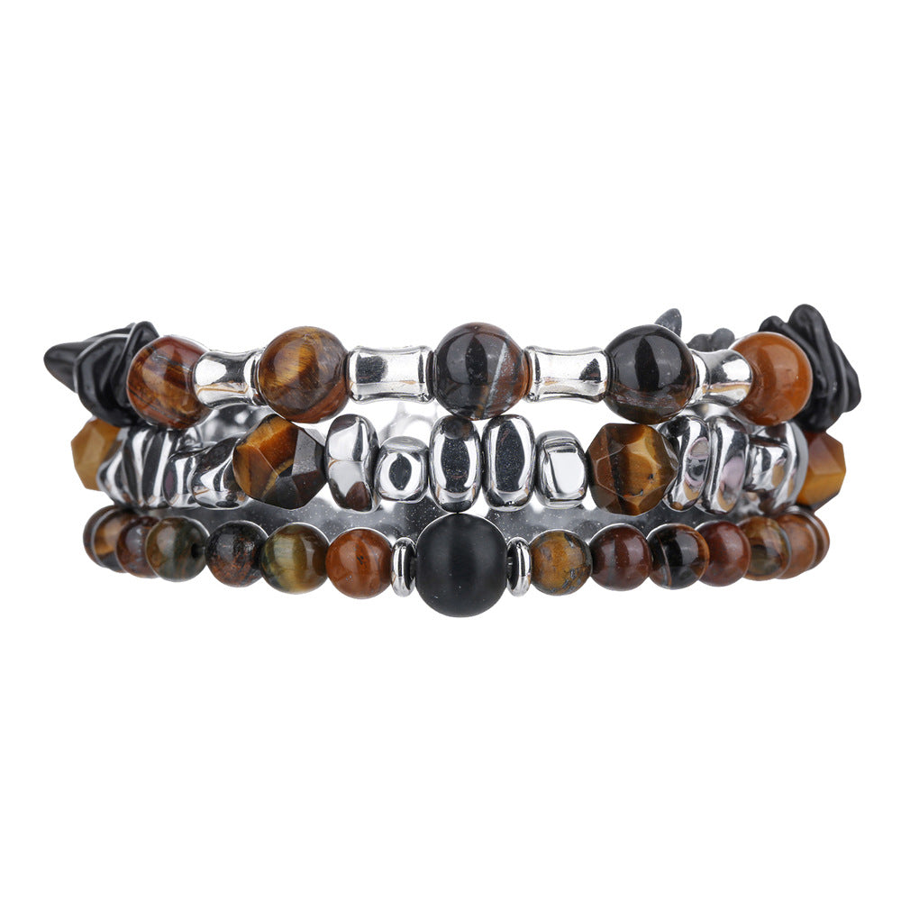 Irregular cut black gallstone broken silver tiger's eye stone elastic beaded bracelet men's business bracelet stacked bracelet